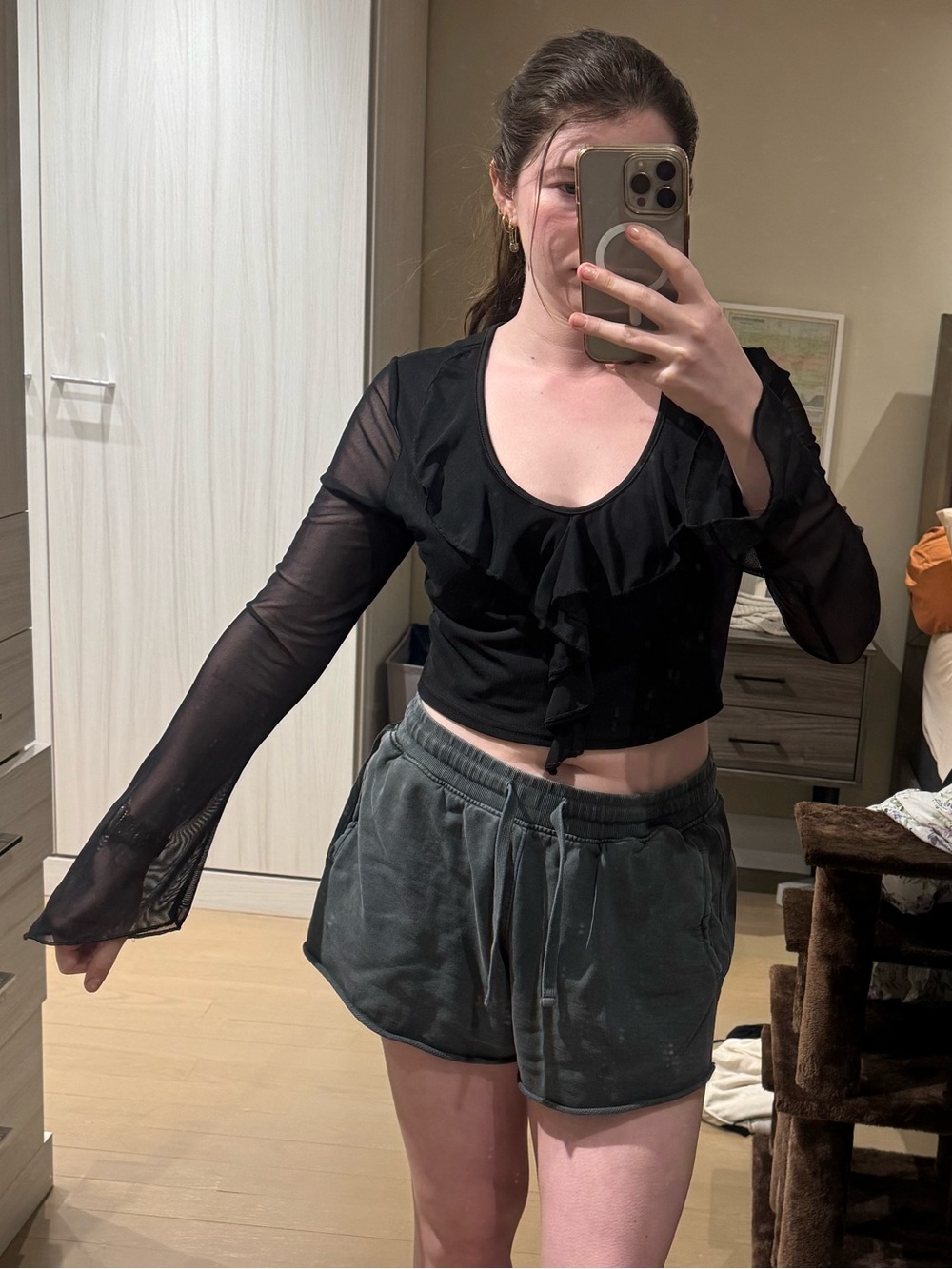 Black Ruffle Sheer Sleeve Crop Top